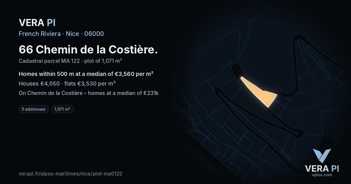 66 Chemin de la Costière, Nice at night – the plot lit, the parcels around coloured by the prices near them