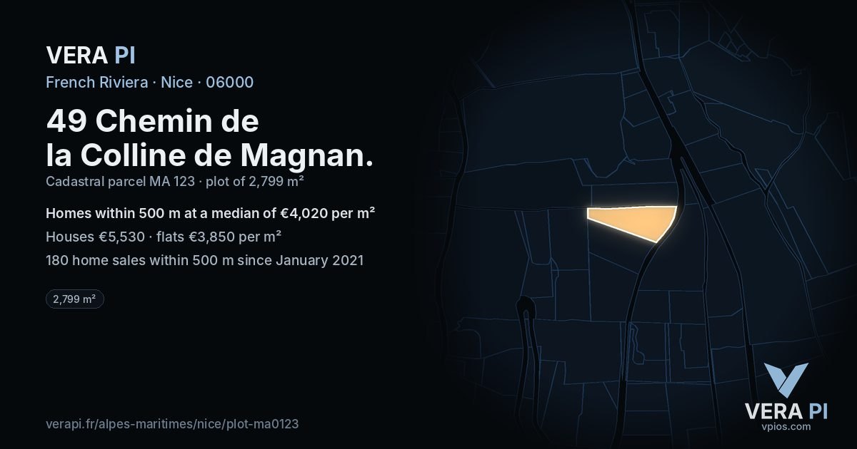 49 Chemin de la Colline de Magnan, Nice at night – the plot lit, the parcels around coloured by the prices near them