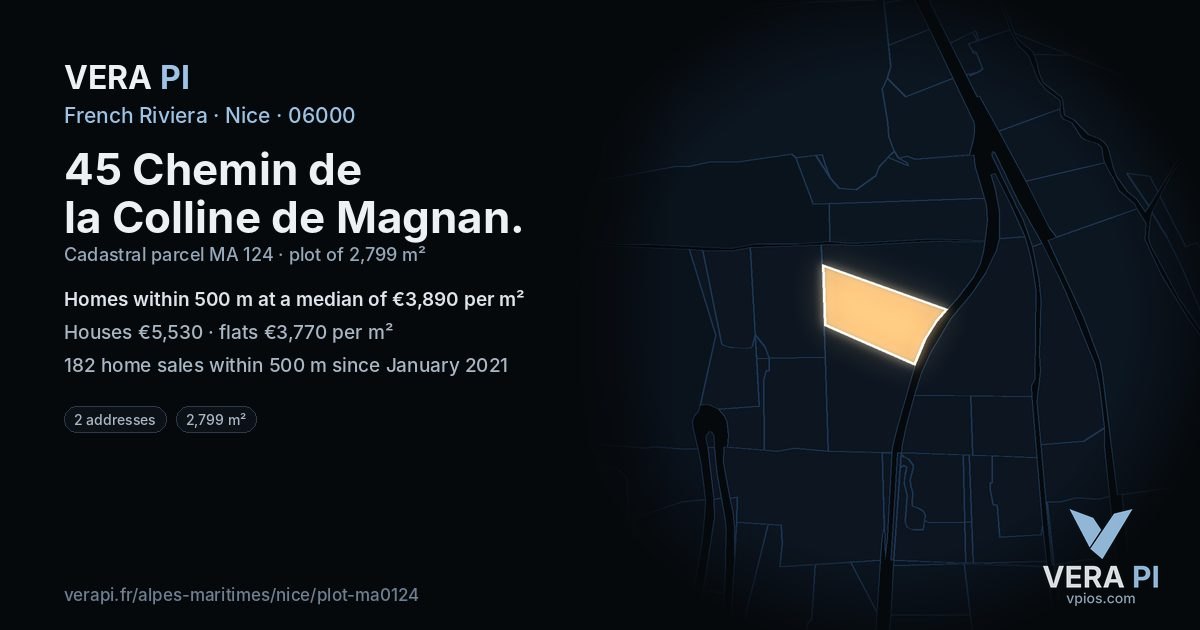 45 Chemin de la Colline de Magnan, Nice at night – the plot lit, the parcels around coloured by the prices near them