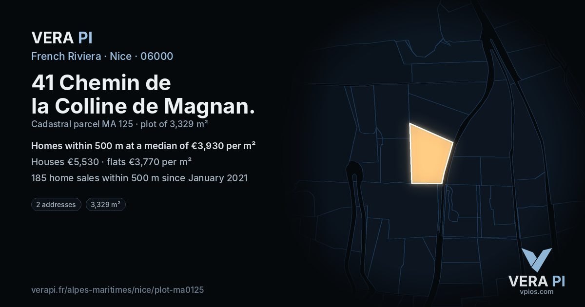 41 Chemin de la Colline de Magnan, Nice at night – the plot lit, the parcels around coloured by the prices near them