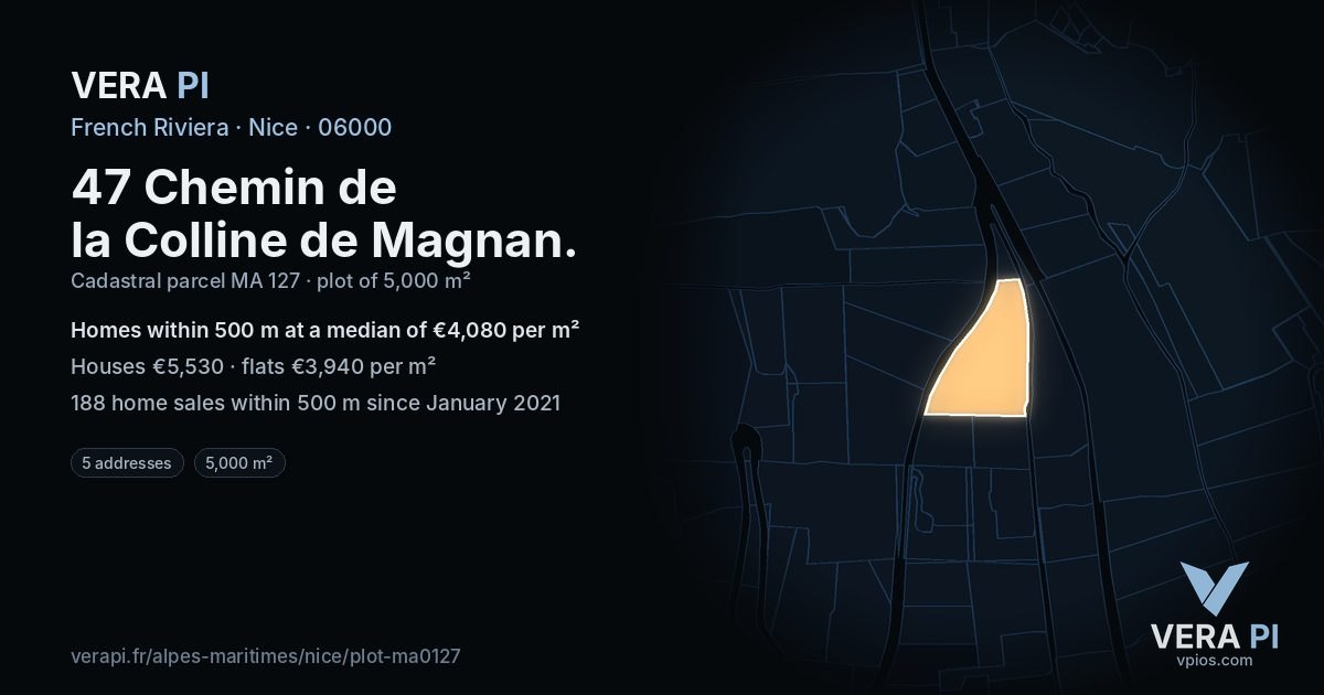 47 Chemin de la Colline de Magnan, Nice at night – the plot lit, the parcels around coloured by the prices near them