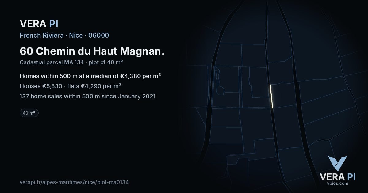 60 Chemin du Haut Magnan, Nice at night – the plot lit, the parcels around coloured by the prices near them