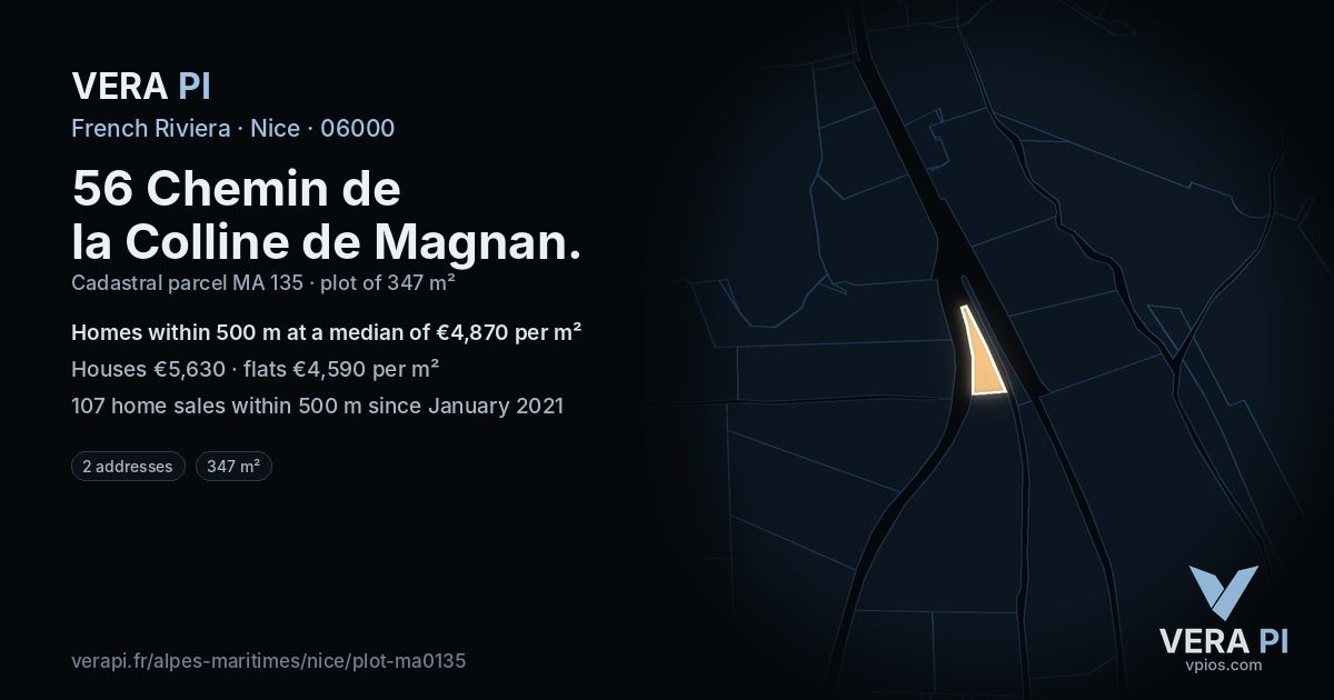 56 Chemin de la Colline de Magnan, Nice at night – the plot lit, the parcels around coloured by the prices near them