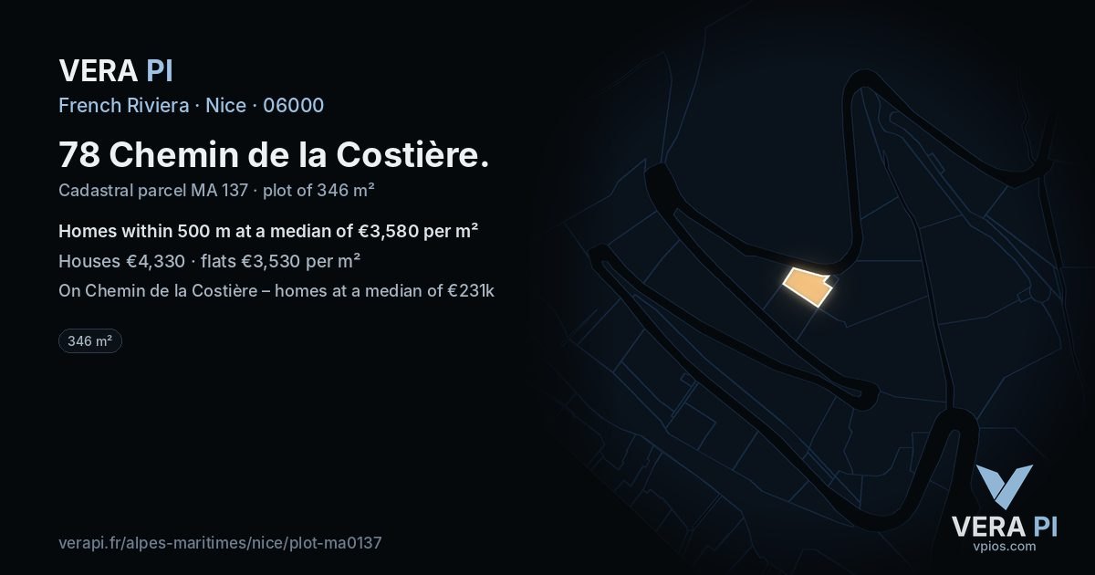 78 Chemin de la Costière, Nice at night – the plot lit, the parcels around coloured by the prices near them