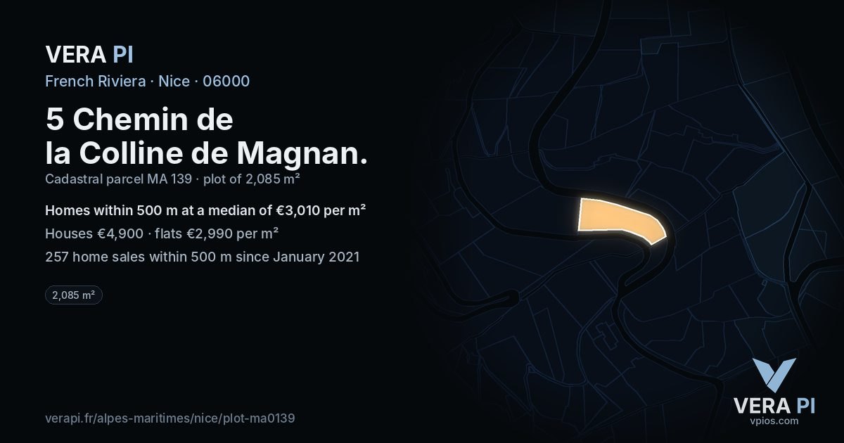 5 Chemin de la Colline de Magnan, Nice at night – the plot lit, the parcels around coloured by the prices near them