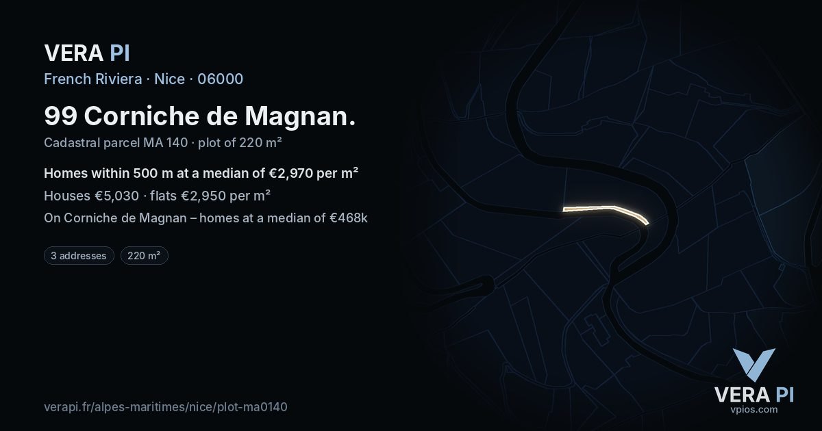 99 Corniche de Magnan, Nice at night – the plot lit, the parcels around coloured by the prices near them