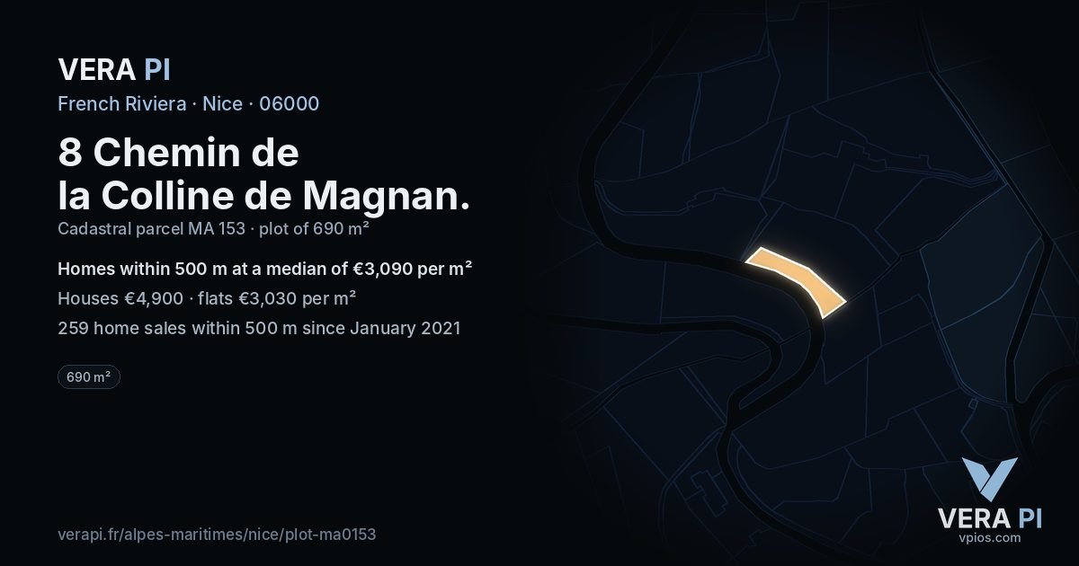 8 Chemin de la Colline de Magnan, Nice at night – the plot lit, the parcels around coloured by the prices near them