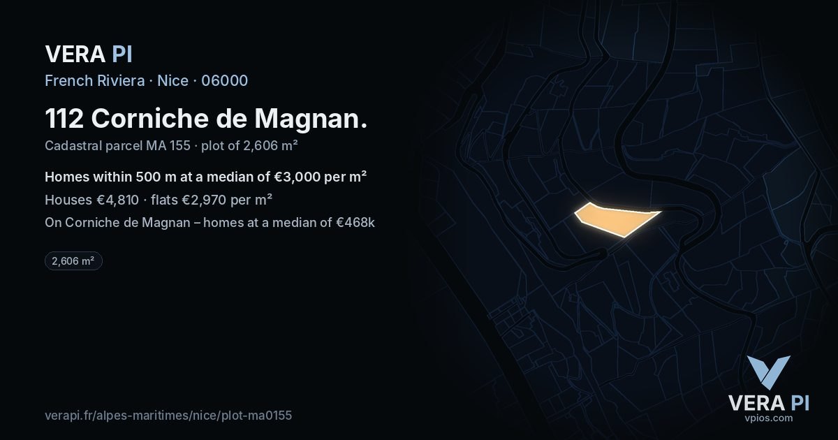 112 Corniche de Magnan, Nice at night – the plot lit, the parcels around coloured by the prices near them