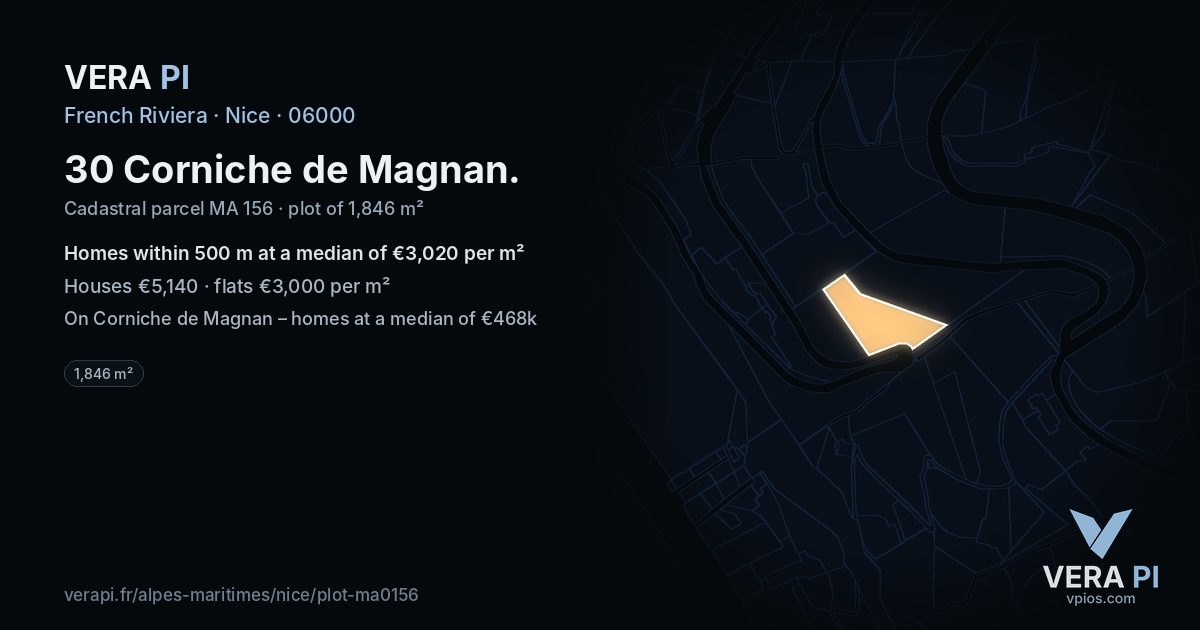 30 Corniche de Magnan, Nice at night – the plot lit, the parcels around coloured by the prices near them