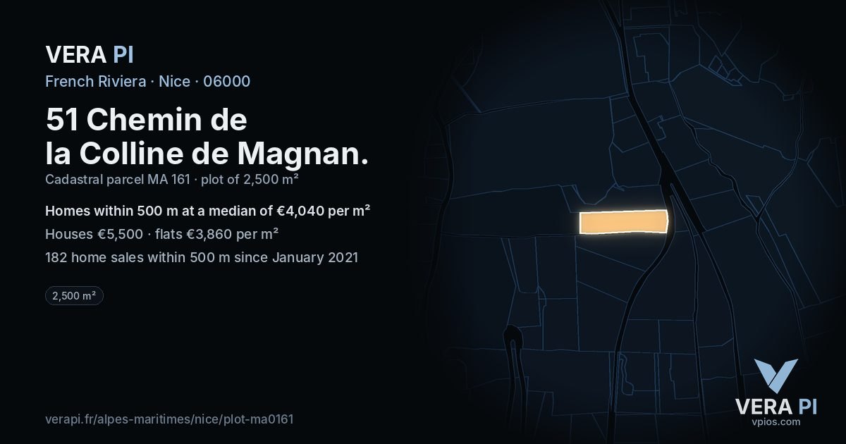 51 Chemin de la Colline de Magnan, Nice at night – the plot lit, the parcels around coloured by the prices near them