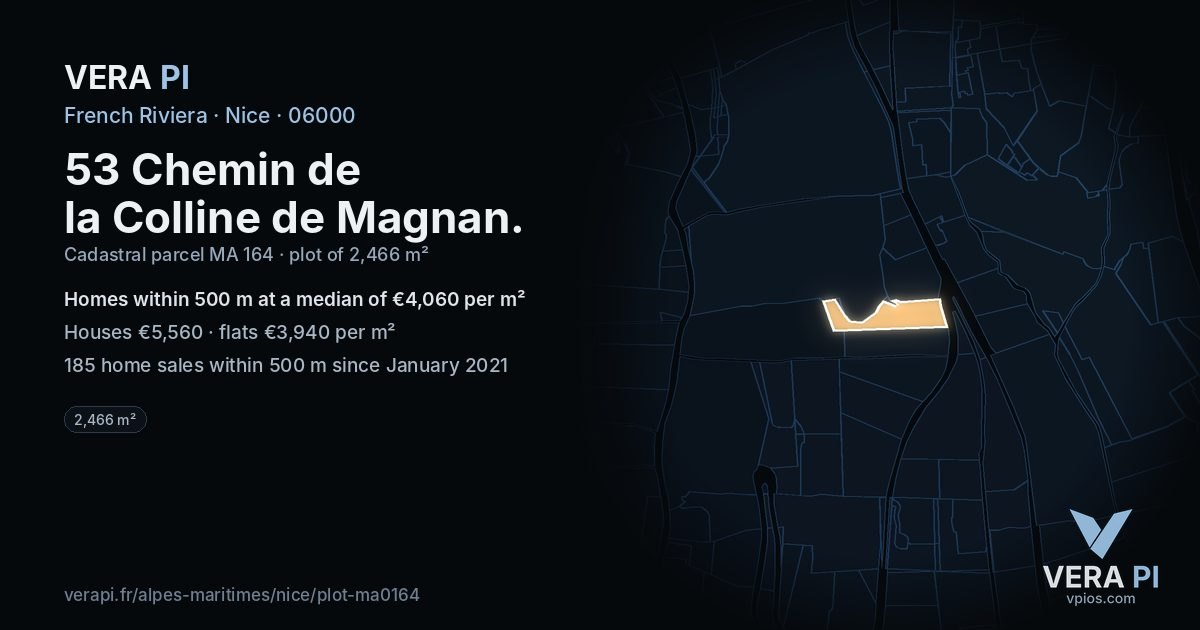 53 Chemin de la Colline de Magnan, Nice at night – the plot lit, the parcels around coloured by the prices near them
