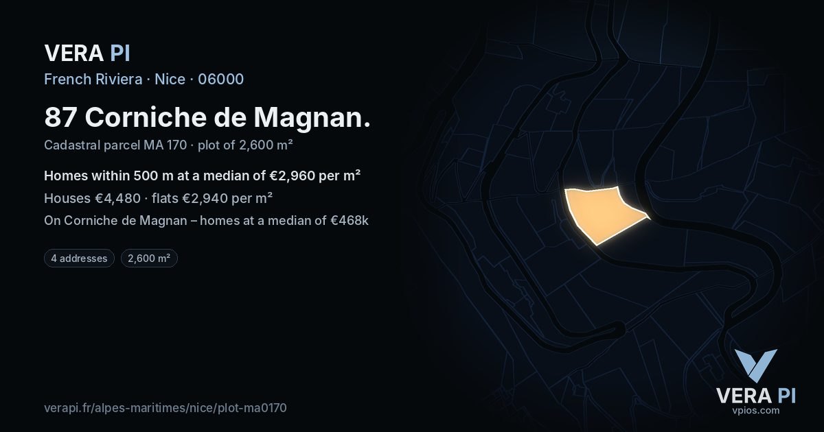 87 Corniche de Magnan, Nice at night – the plot lit, the parcels around coloured by the prices near them