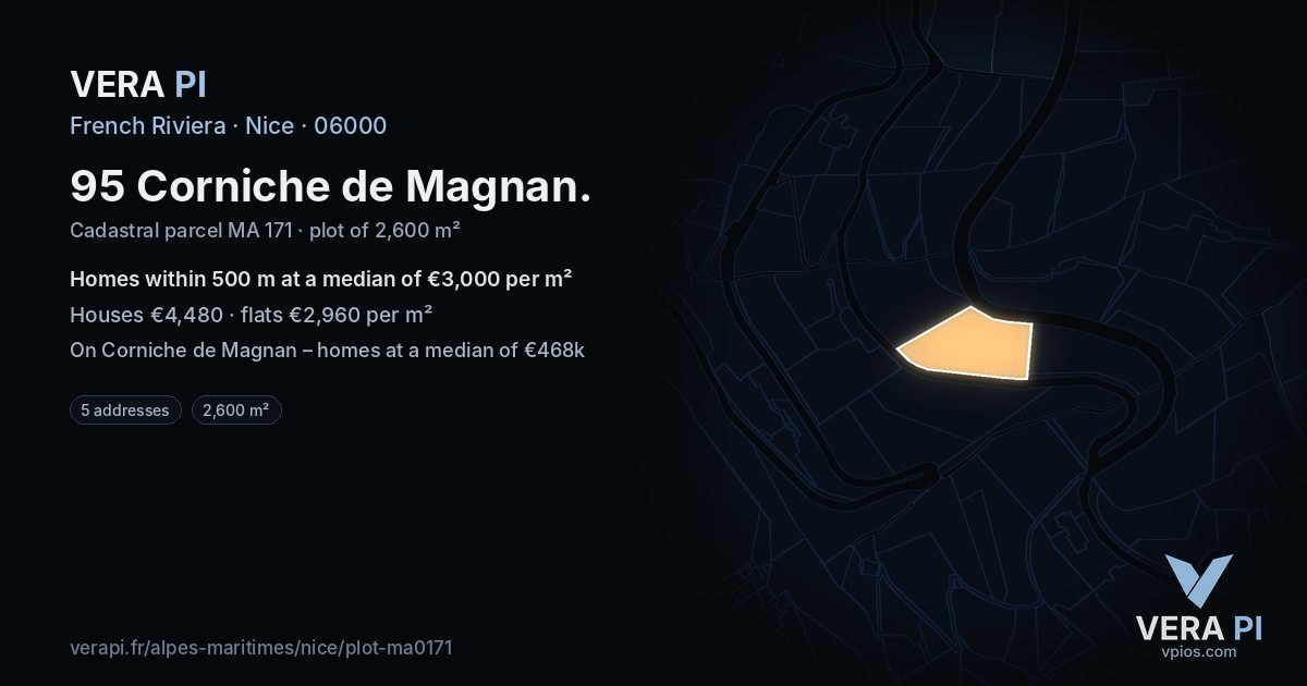 95 Corniche de Magnan, Nice at night – the plot lit, the parcels around coloured by the prices near them