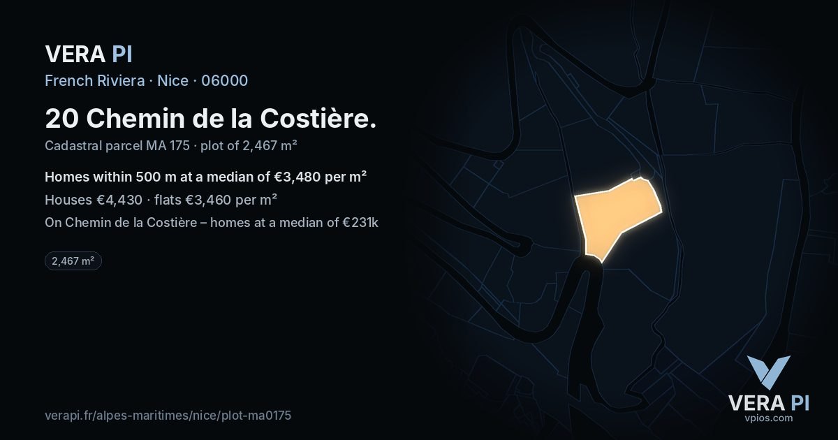 20 Chemin de la Costière, Nice at night – the plot lit, the parcels around coloured by the prices near them