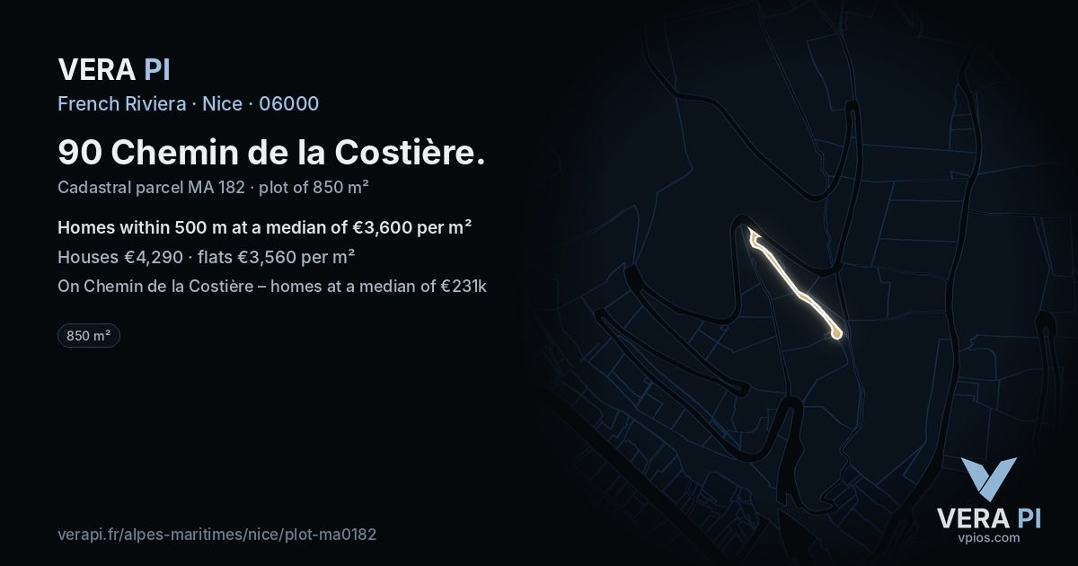 90 Chemin de la Costière, Nice at night – the plot lit, the parcels around coloured by the prices near them