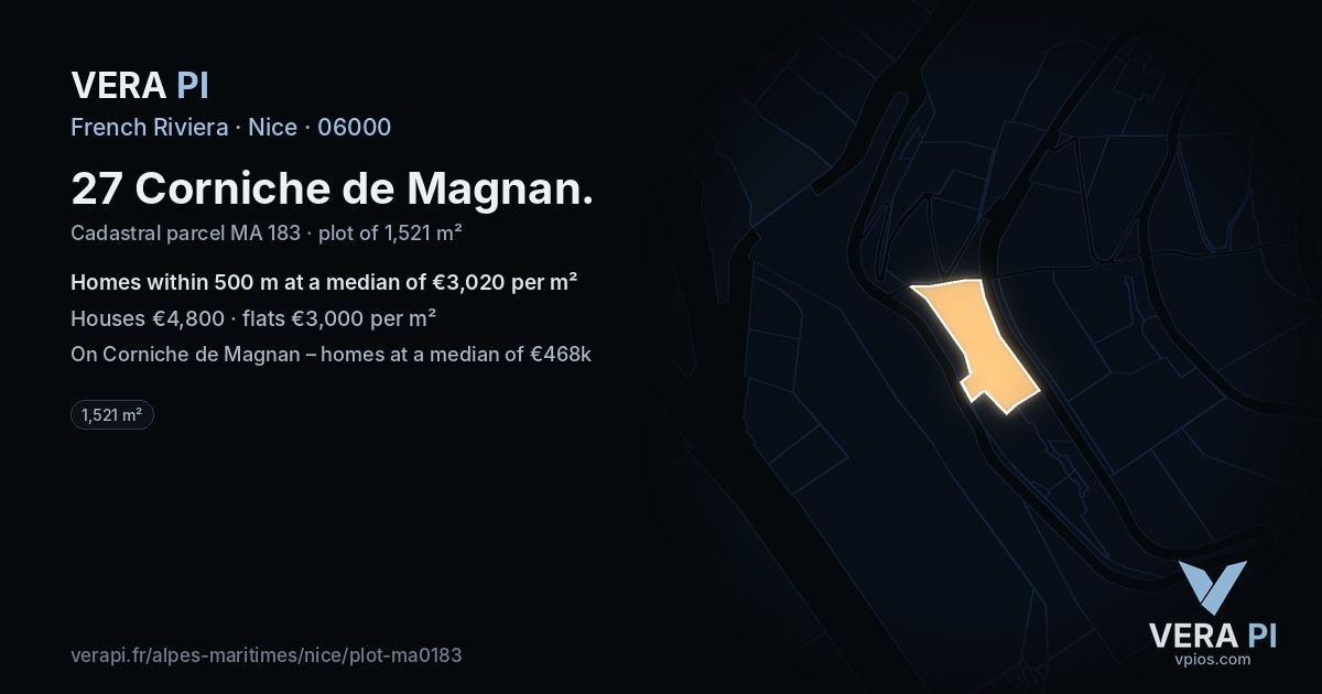 27 Corniche de Magnan, Nice at night – the plot lit, the parcels around coloured by the prices near them