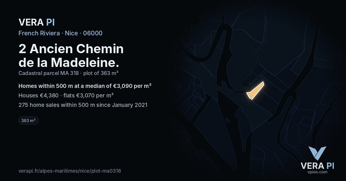 2 Ancien Chemin de la Madeleine, Nice at night – the plot lit, the parcels around coloured by the prices near them