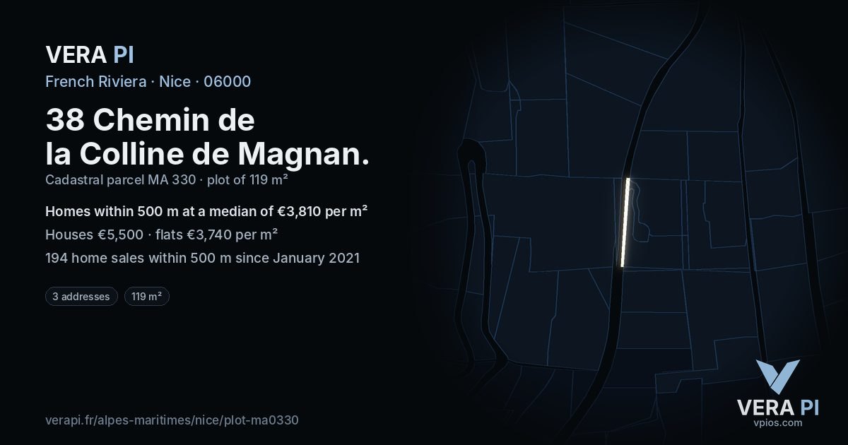 38 Chemin de la Colline de Magnan, Nice at night – the plot lit, the parcels around coloured by the prices near them