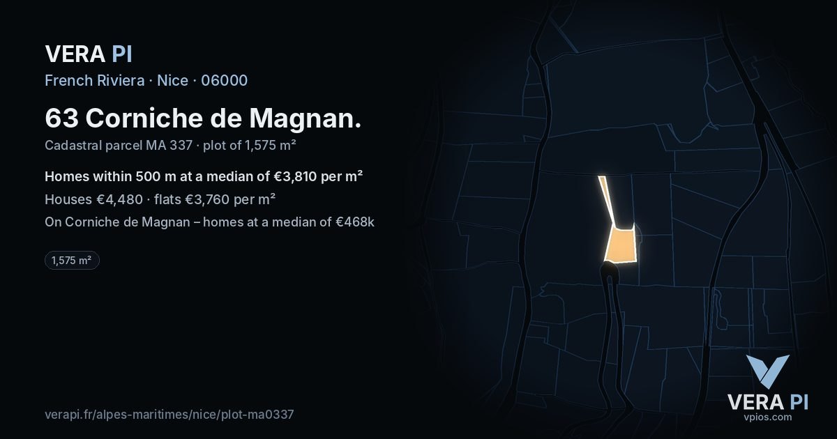 63 Corniche de Magnan, Nice at night – the plot lit, the parcels around coloured by the prices near them