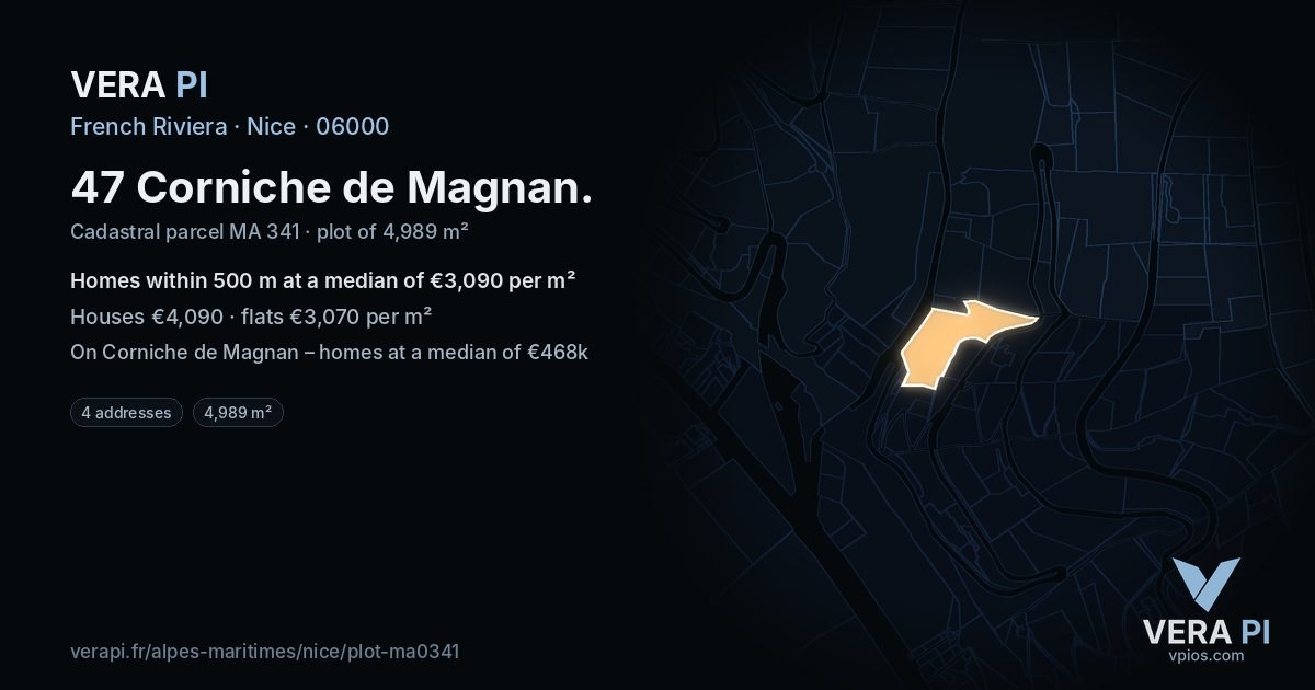 47 Corniche de Magnan, Nice at night – the plot lit, the parcels around coloured by the prices near them