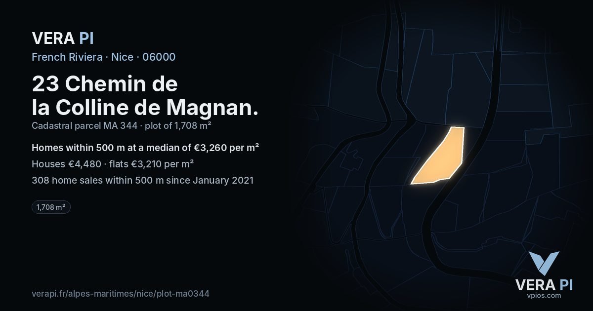 23 Chemin de la Colline de Magnan, Nice at night – the plot lit, the parcels around coloured by the prices near them