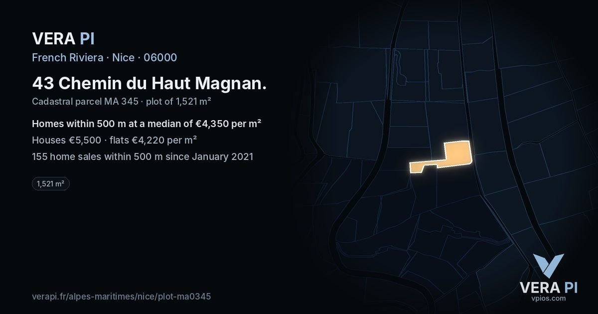 43 Chemin du Haut Magnan, Nice at night – the plot lit, the parcels around coloured by the prices near them