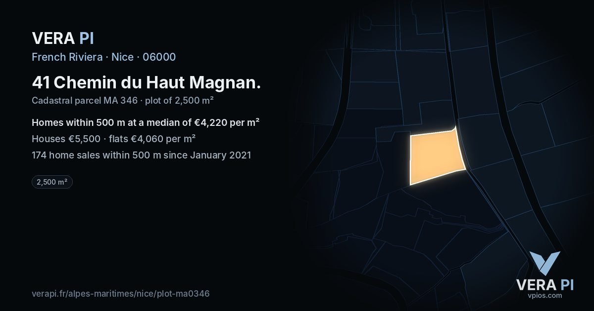 41 Chemin du Haut Magnan, Nice at night – the plot lit, the parcels around coloured by the prices near them
