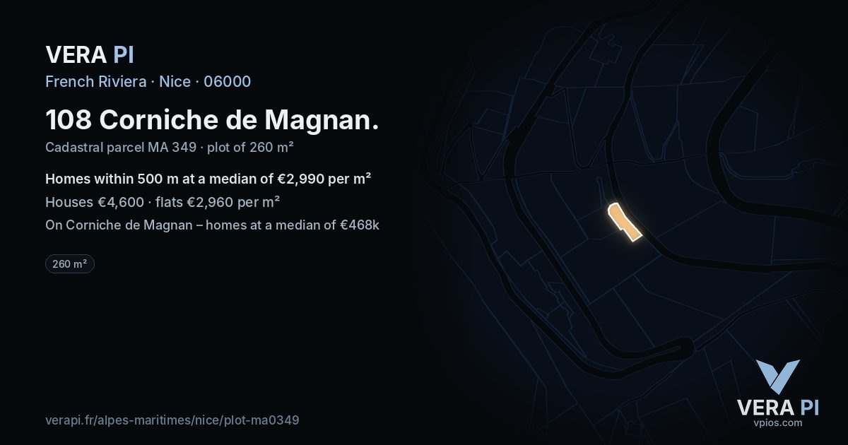 108 Corniche de Magnan, Nice at night – the plot lit, the parcels around coloured by the prices near them