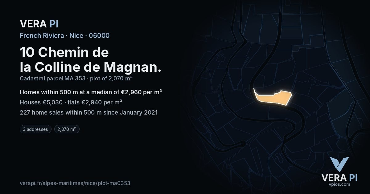 10 Chemin de la Colline de Magnan, Nice at night – the plot lit, the parcels around coloured by the prices near them