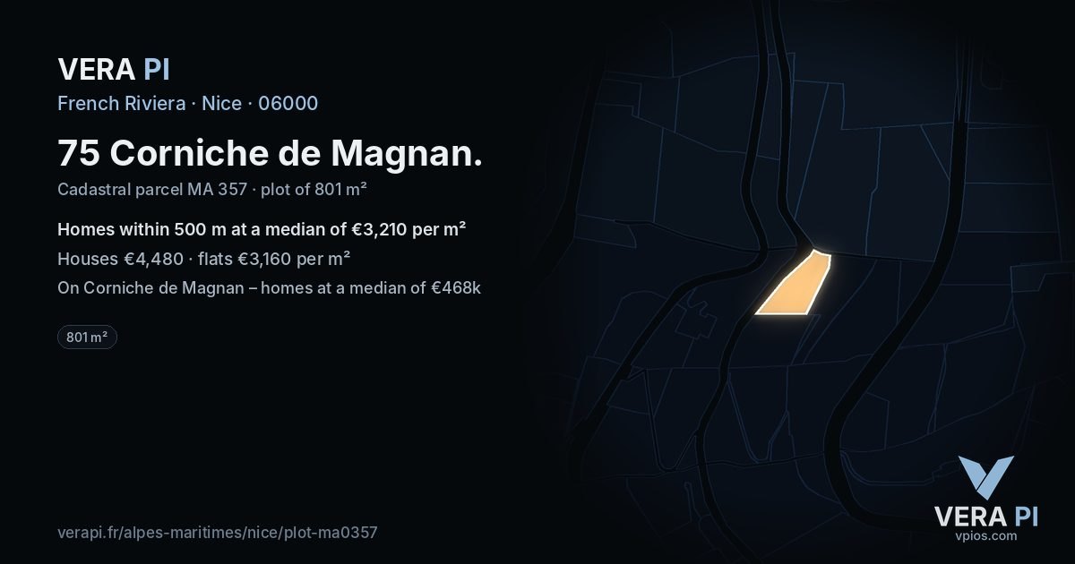 75 Corniche de Magnan, Nice at night – the plot lit, the parcels around coloured by the prices near them