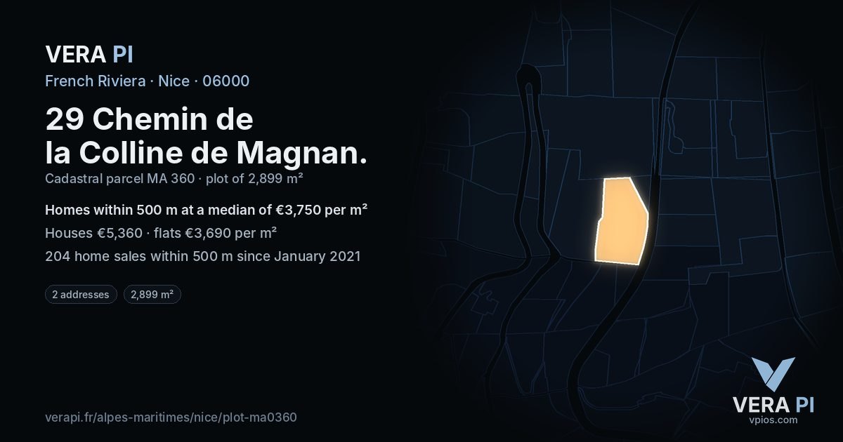 29 Chemin de la Colline de Magnan, Nice at night – the plot lit, the parcels around coloured by the prices near them