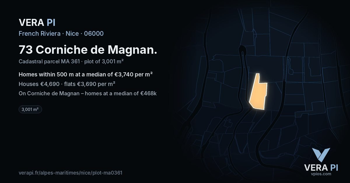 73 Corniche de Magnan, Nice at night – the plot lit, the parcels around coloured by the prices near them