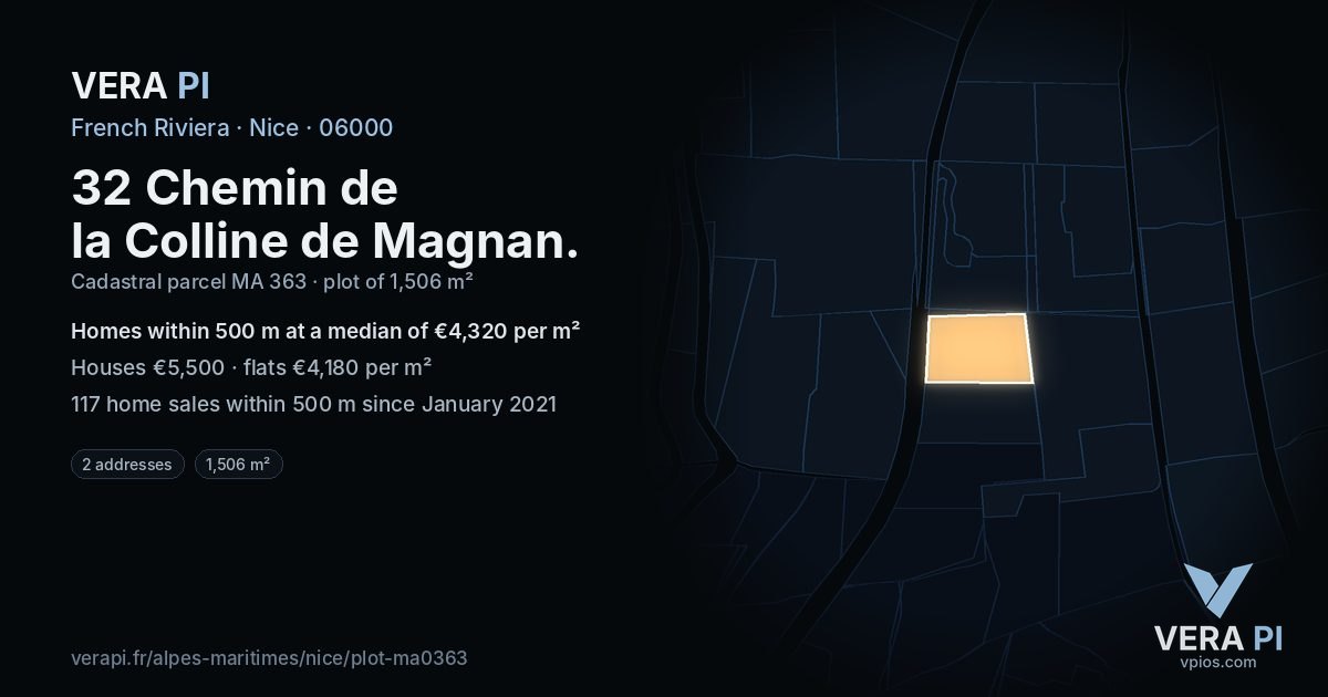 32 Chemin de la Colline de Magnan, Nice at night – the plot lit, the parcels around coloured by the prices near them