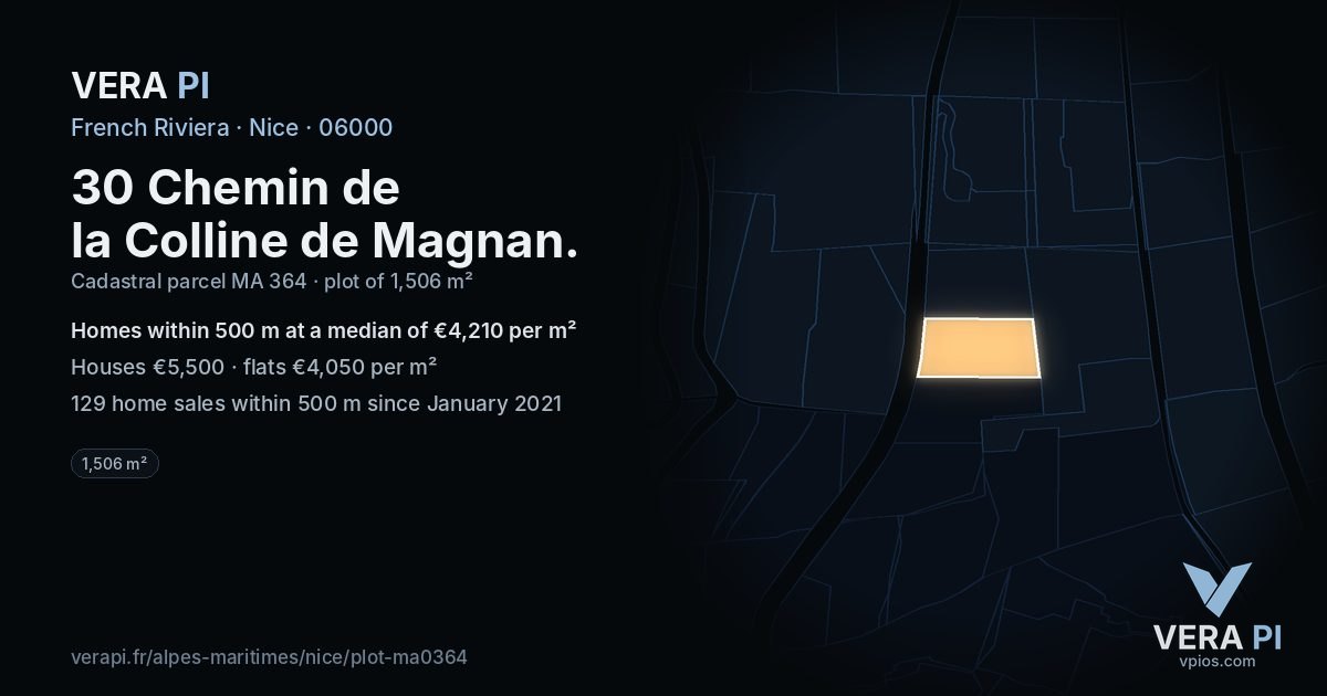 30 Chemin de la Colline de Magnan, Nice at night – the plot lit, the parcels around coloured by the prices near them