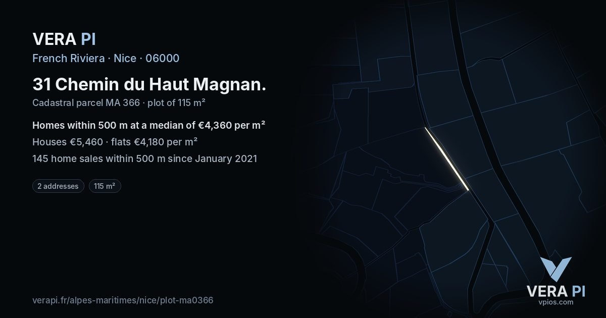 31 Chemin du Haut Magnan, Nice at night – the plot lit, the parcels around coloured by the prices near them