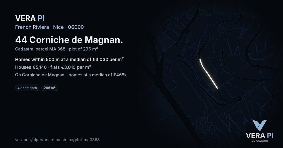 44 Corniche de Magnan, Nice at night – the plot lit, the parcels around coloured by the prices near them