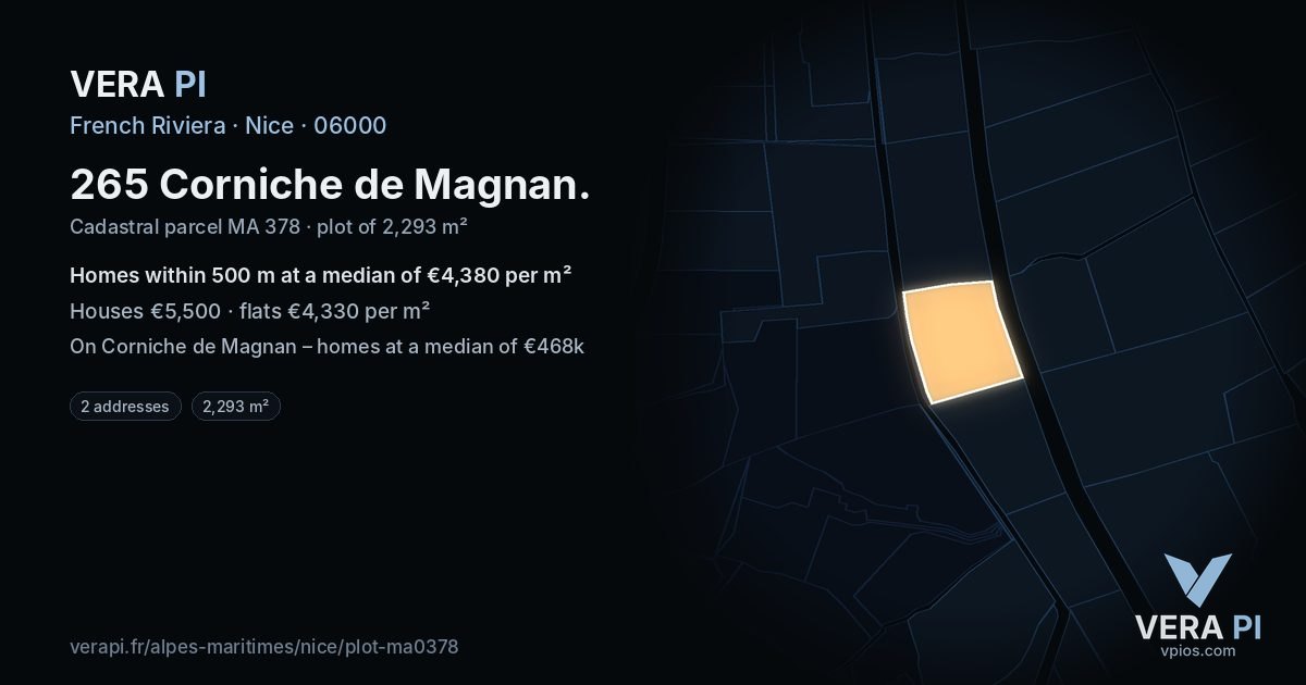 265 Corniche de Magnan, Nice at night – the plot lit, the parcels around coloured by the prices near them