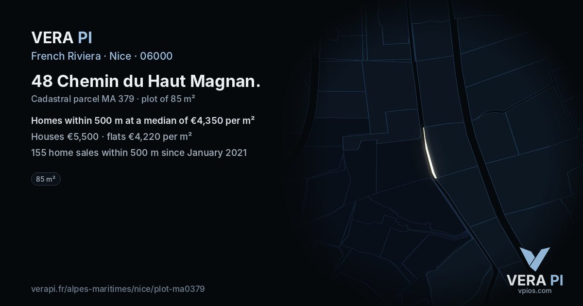 48 Chemin du Haut Magnan, Nice at night – the plot lit, the parcels around coloured by the prices near them