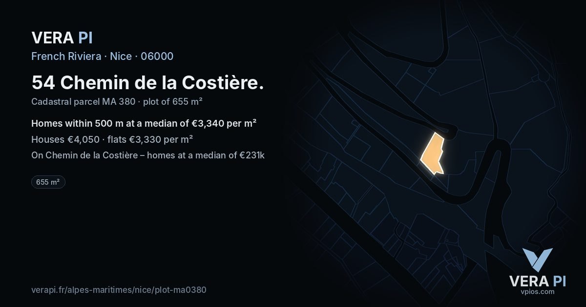 54 Chemin de la Costière, Nice at night – the plot lit, the parcels around coloured by the prices near them