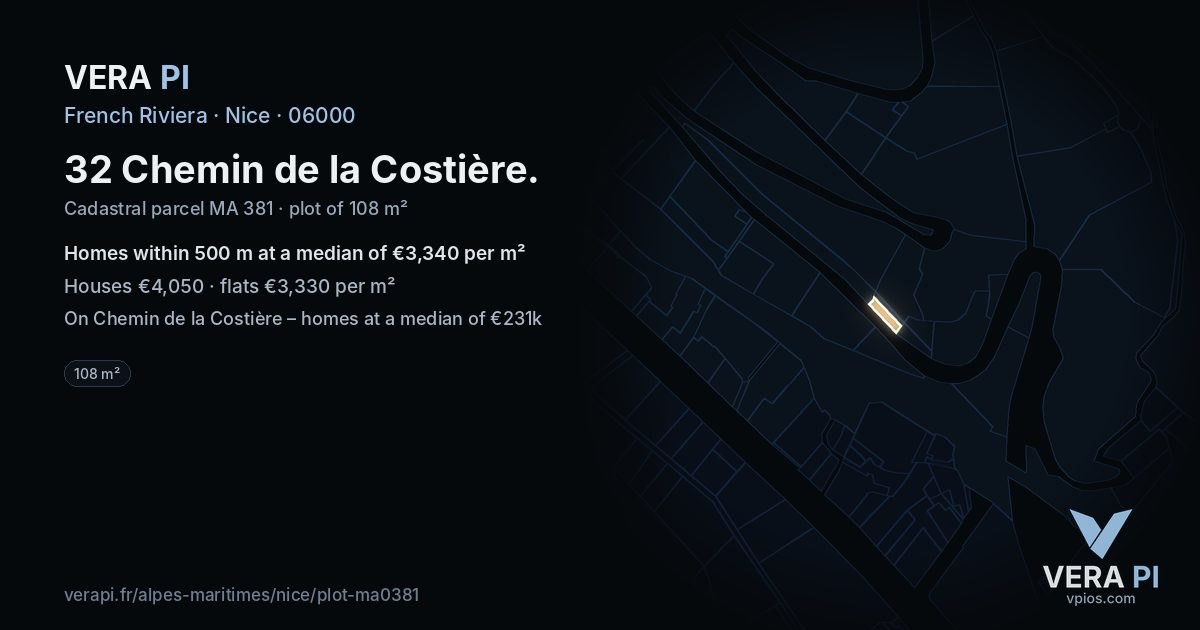 32 Chemin de la Costière, Nice at night – the plot lit, the parcels around coloured by the prices near them