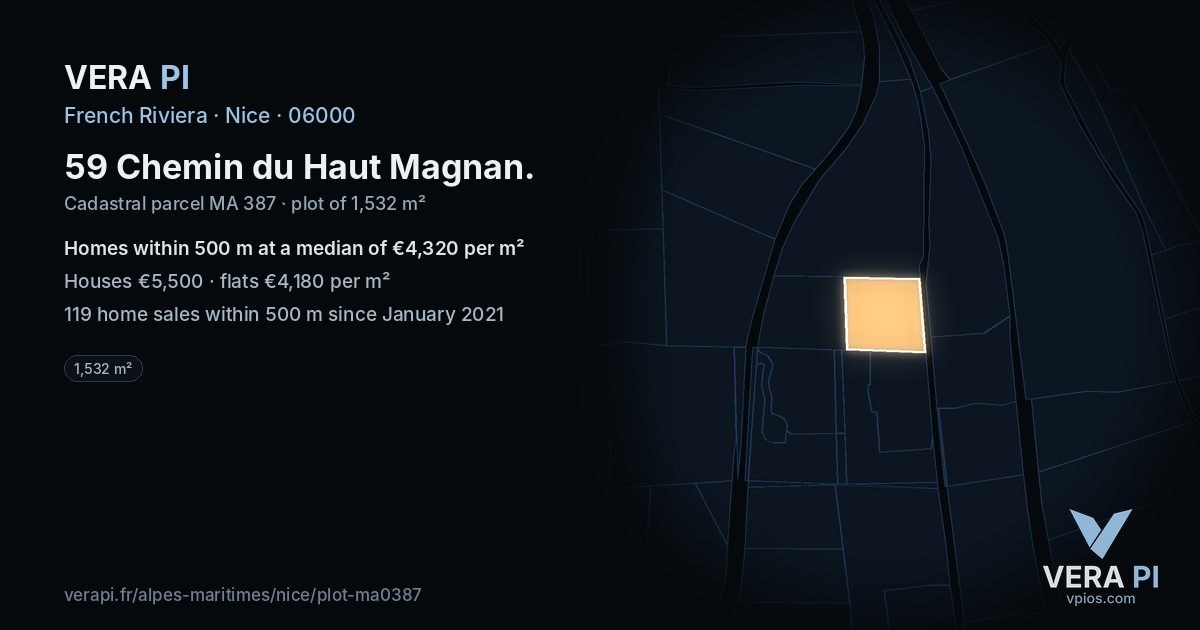 59 Chemin du Haut Magnan, Nice at night – the plot lit, the parcels around coloured by the prices near them