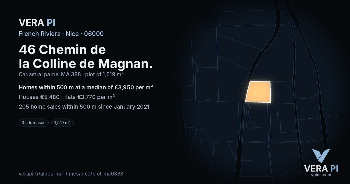 46 Chemin de la Colline de Magnan, Nice at night – the plot lit, the parcels around coloured by the prices near them