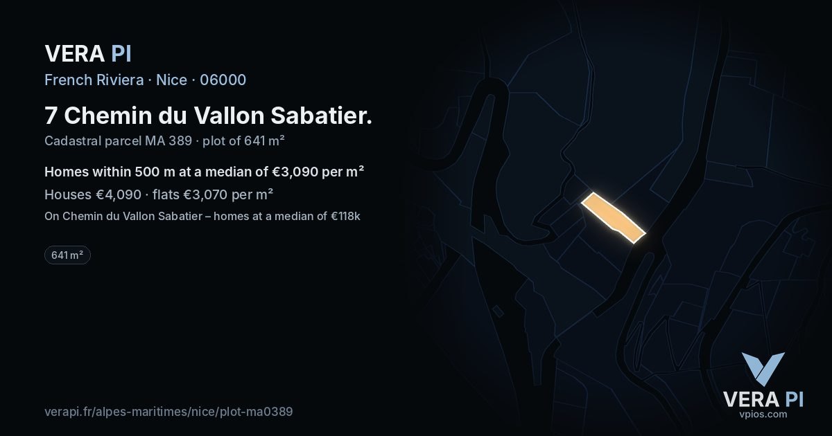 7 Chemin du Vallon Sabatier, Nice at night – the plot lit, the parcels around coloured by the prices near them
