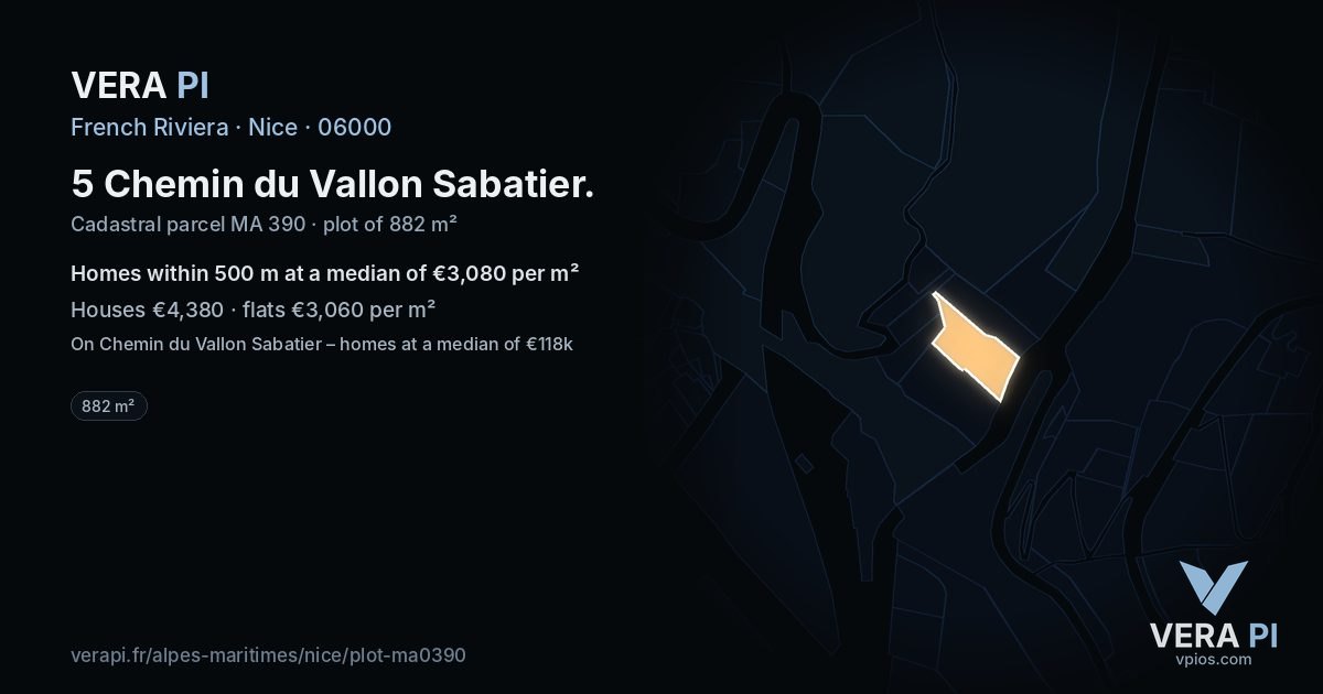 5 Chemin du Vallon Sabatier, Nice at night – the plot lit, the parcels around coloured by the prices near them