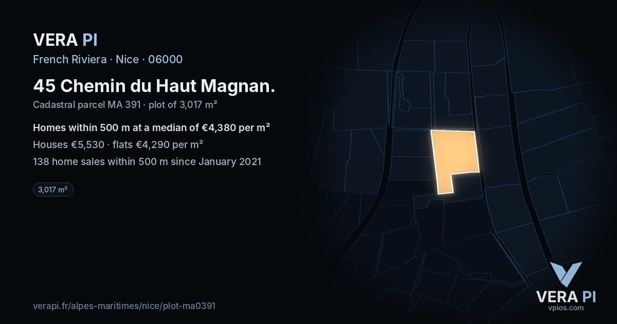 45 Chemin du Haut Magnan, Nice at night – the plot lit, the parcels around coloured by the prices near them