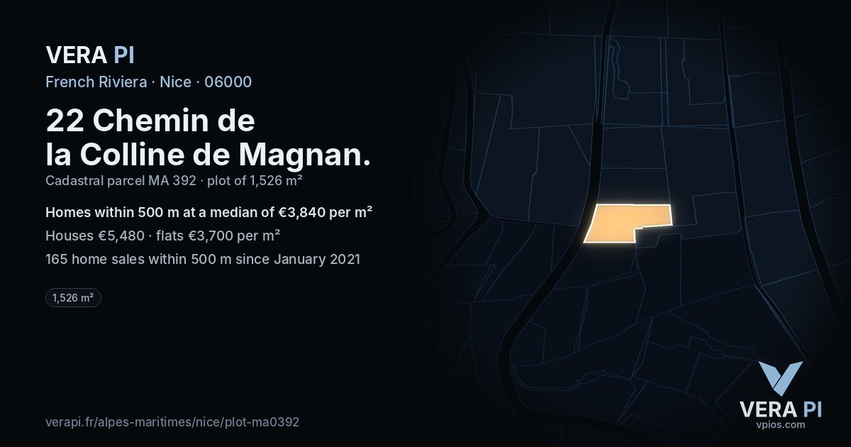 22 Chemin de la Colline de Magnan, Nice at night – the plot lit, the parcels around coloured by the prices near them
