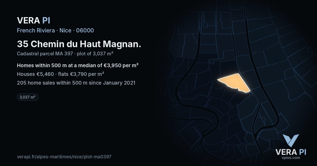 35 Chemin du Haut Magnan, Nice at night – the plot lit, the parcels around coloured by the prices near them