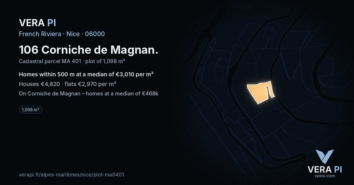 106 Corniche de Magnan, Nice at night – the plot lit, the parcels around coloured by the prices near them