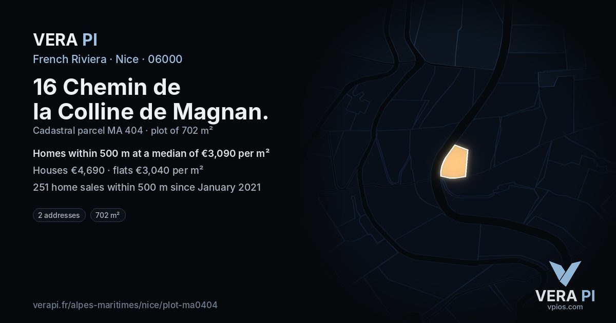 16 Chemin de la Colline de Magnan, Nice at night – the plot lit, the parcels around coloured by the prices near them