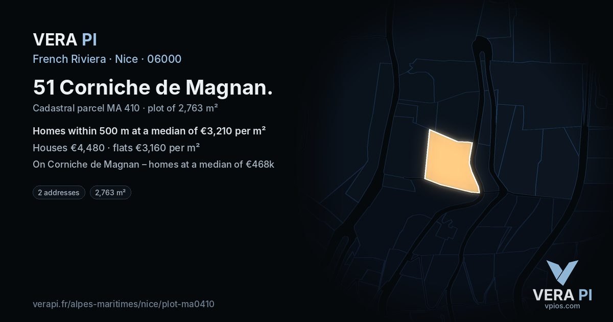 51 Corniche de Magnan, Nice at night – the plot lit, the parcels around coloured by the prices near them